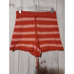 Ladies Medium Striped Orange Knit Shorts Crochet Drawstring Casual Beaded Summer
